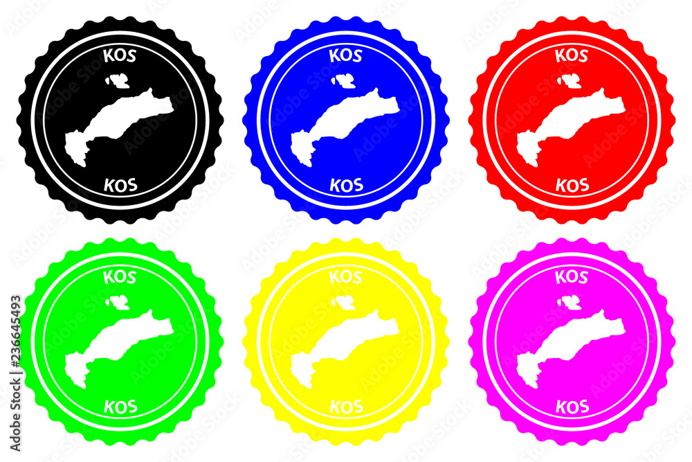 Kos - rubber stamp - vector, Kos island (Cos) map pattern - sticker - black, blue, green, yellow, purple and red