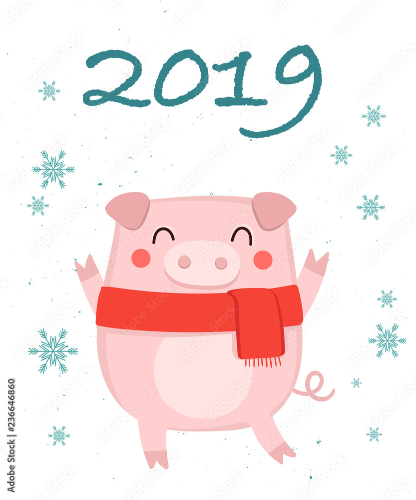 Creative postcard for New 2019 Year with cute pig and winter slogan Creative postcard for New 2019 Year with cute pig and winter slogan