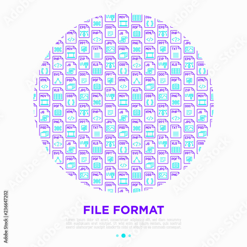 File formats concept in circle with thin line icons: doc, pdf, php, html, jpg, png, txt, mov, eps, zip, css, js. Modern vector illustration, print media template.