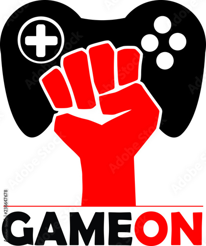 Game On Gamer Play to Win logo sign Vector controller and fist