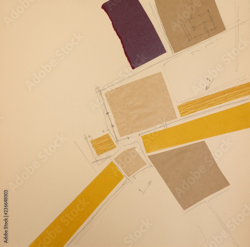 Paper Collage Artwork. Cut and pasted colored paper and pencil drawing on paper. Architectural abstract painting. 