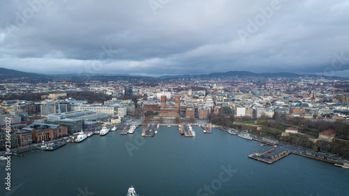 Aerial drone photo over Aker Brygge and City Hall in Oslo  Norway