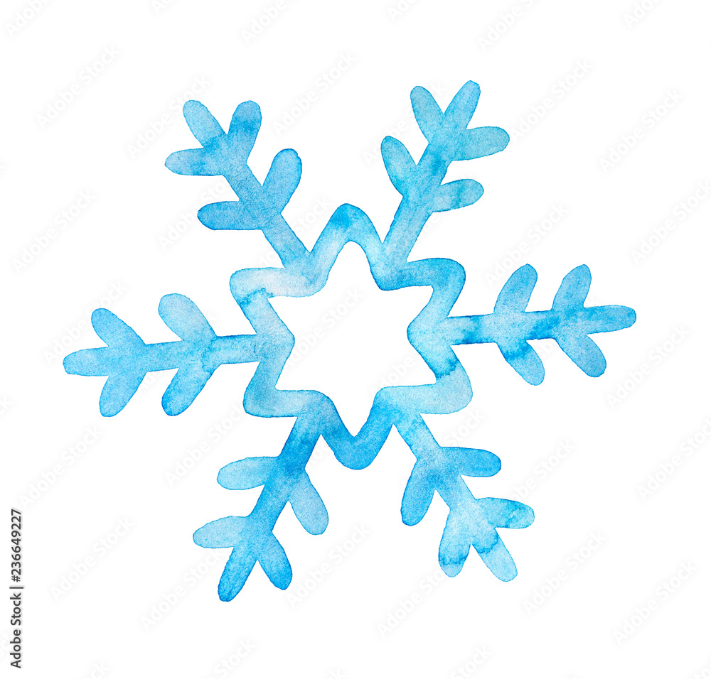 Cute festive snowflake watercolor illustration. Symbol of winter weather.  Hand painted water colour drawing on white background. One single object,  cut out clip art element for design and decoration. Stock-illustration