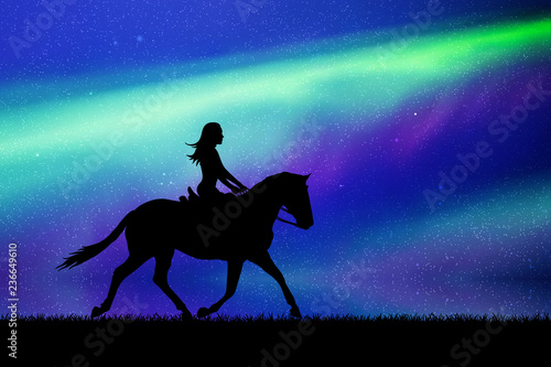 Girl on horse by sea at night. Vector illustration with silhouette of running horse and female rider. Northern lights in starry sky. Colorful aurora borealis