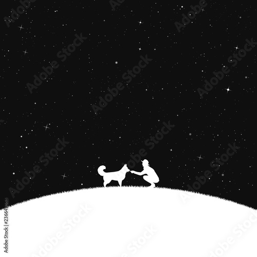 Girl with dog in park at night. Vector illustration with silhouettes of woman and pet on hill under starry sky. Inverted black and white © arvitalya
