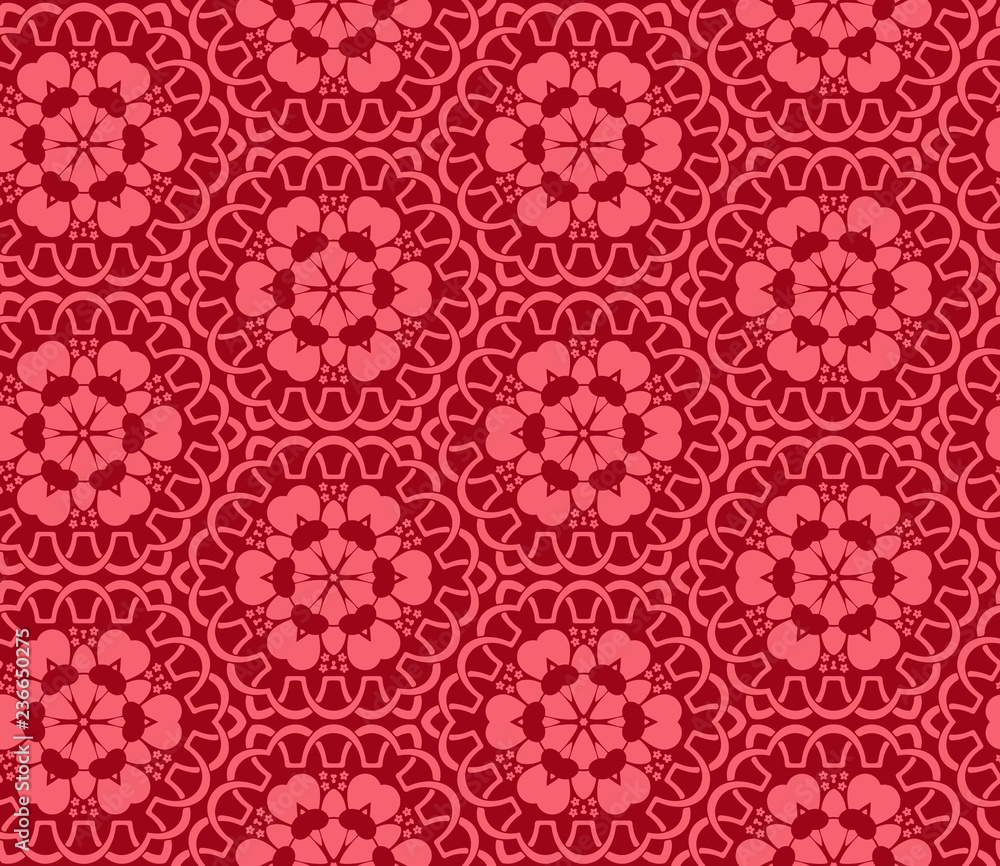 Seamless hexagonal pattern from circular abstract floral ornaments in in crimson color on red background. Vector illustration. Suitable for fabric, wallpaper and wrapping paper