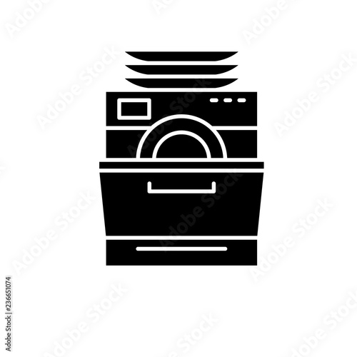 Dish washer black icon, concept vector sign on isolated background. Dish washer illustration, symbol