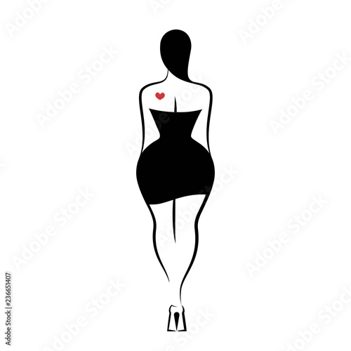 The woman rear view with long hair and in a little black dress. An isolated vector illustration