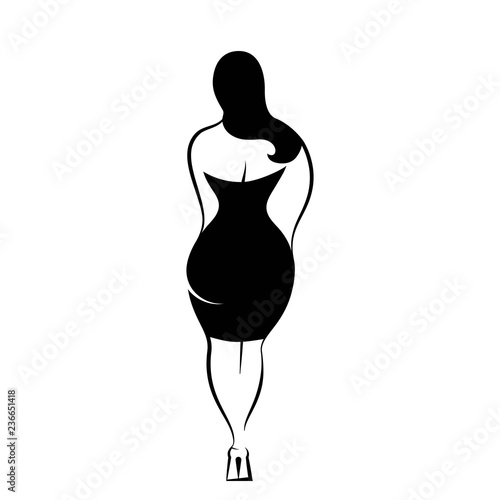 The woman rear view with long hair and in a little black dress. An isolated vector illustration