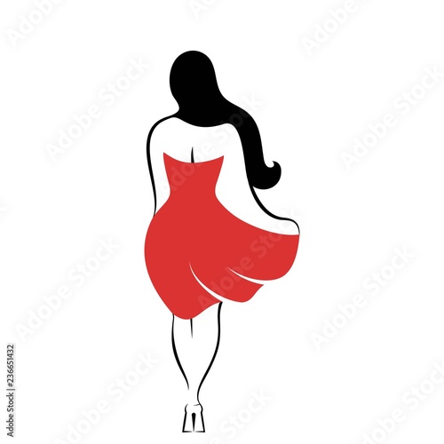 The woman rear view with long hair and in a red dress. An isolated vector illustration