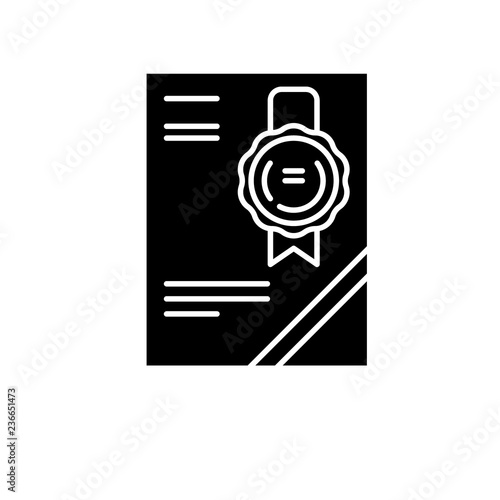 Cerificate black icon, concept vector sign on isolated background. Cerificate illustration, symbol