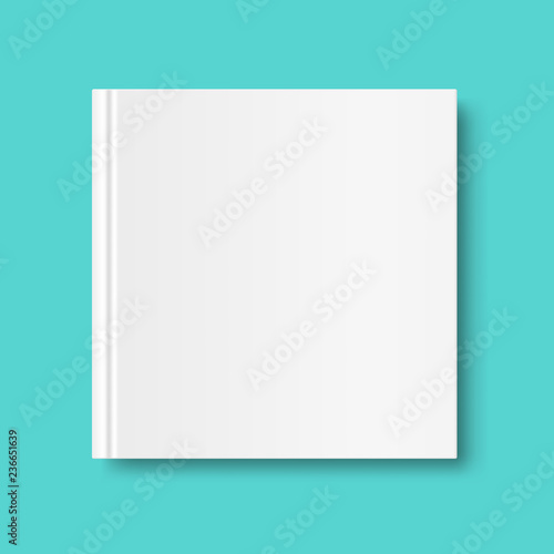 Square closed book mock up isolated on mint green background. White blank cover. 3D realistic book, notepad, diary etc vector illustration
