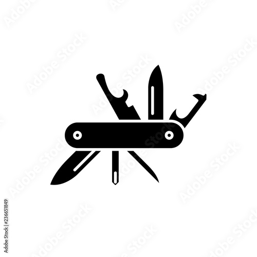 Multipurpose knife black icon, concept vector sign on isolated background. Multipurpose knife illustration, symbol
