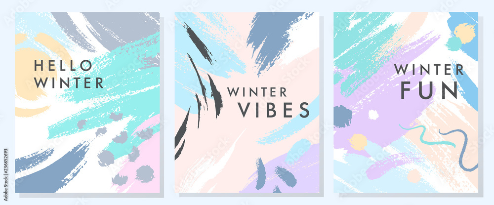 Unique artistic winter cards with hand drawn shapes and textures in soft pastel colors.Trendy graphic design perfect for prints,flyers,banners,invitations,special offer and more.Vector collages.