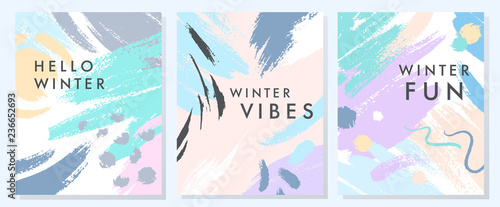 Unique artistic winter cards with hand drawn shapes and textures in soft pastel colors.Trendy graphic design perfect for prints,flyers,banners,invitations,special offer and more.Vector collages.