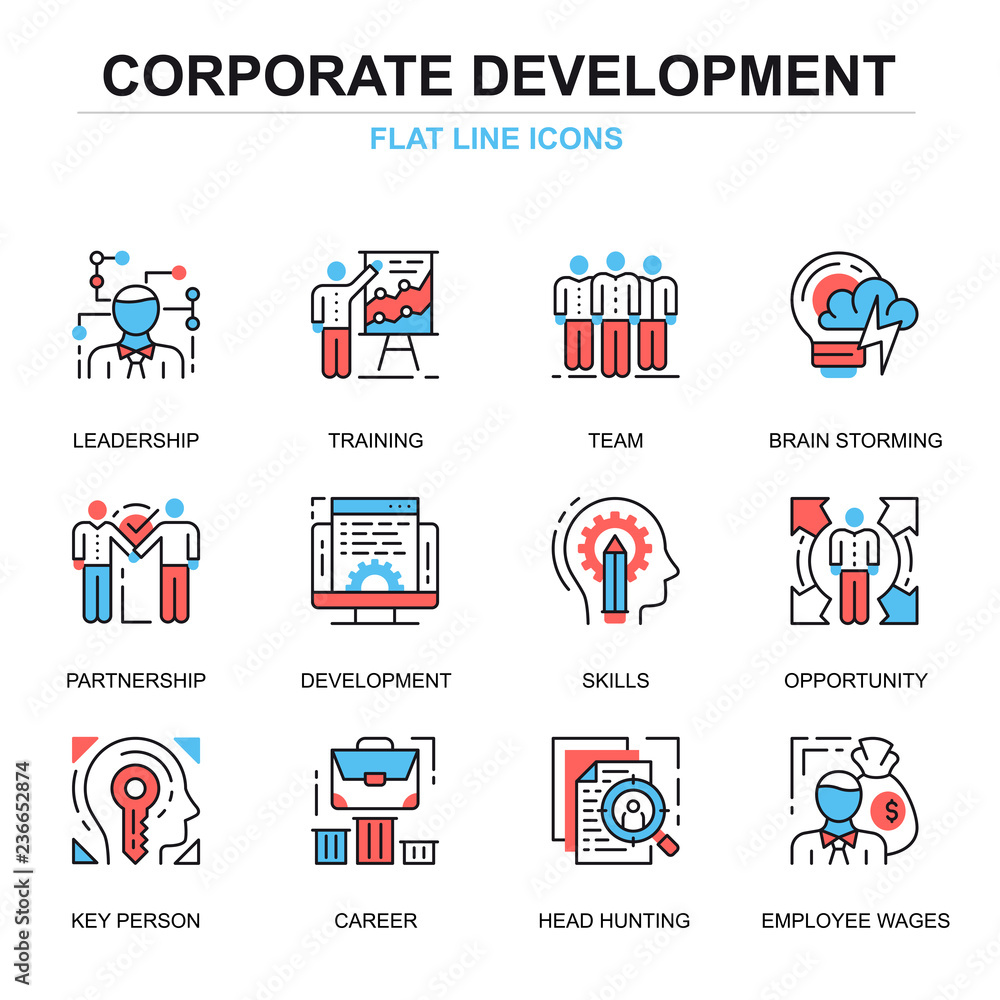 Flat line corporate development icons concepts set for website and mobile site and apps. Leadership skills, team training, business career. Thin line color simple pictogram pack. Vector illustration.