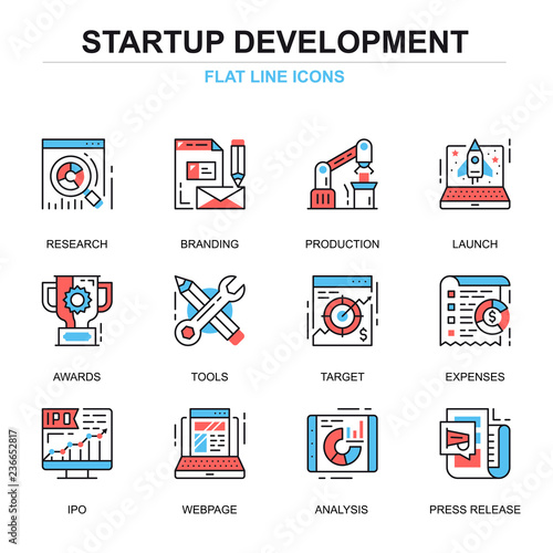 Flat line startup your project icons concepts set for website and mobile site and apps. Startup development, market research. Thin line color simple pictogram pack. Vector illustration.