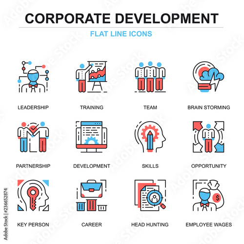 Flat line corporate development icons concepts set for website and mobile site and apps. Leadership skills, team training, business career. Thin line color simple pictogram pack. Vector illustration.