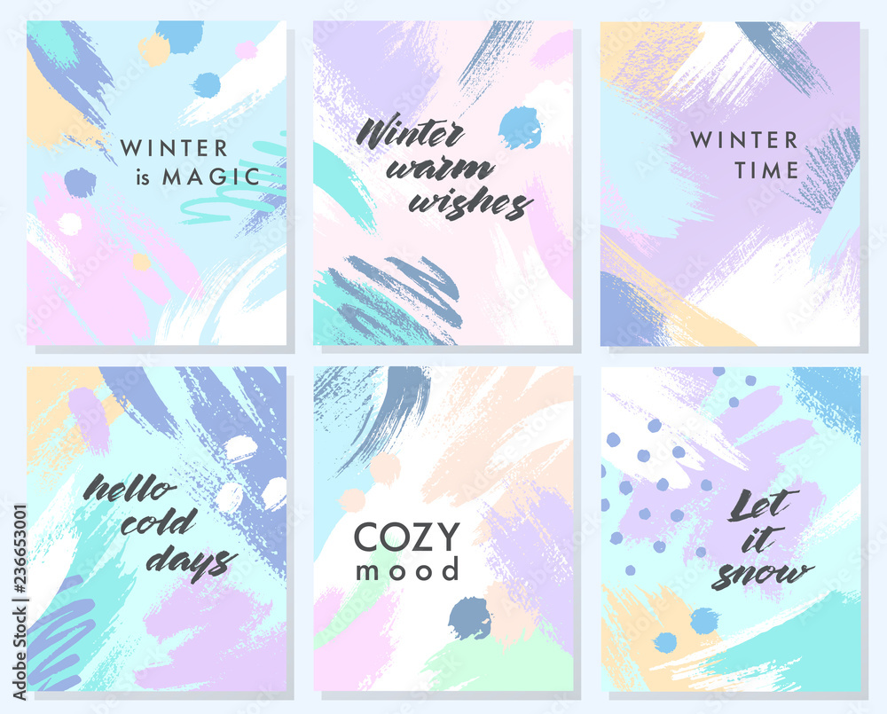 Collection of unique holidays cards with hand drawn shapes and textures in soft pastel colors.Trendy greetings design perfect for prints,flyers,banners,invitations and more.Vector winter collages.