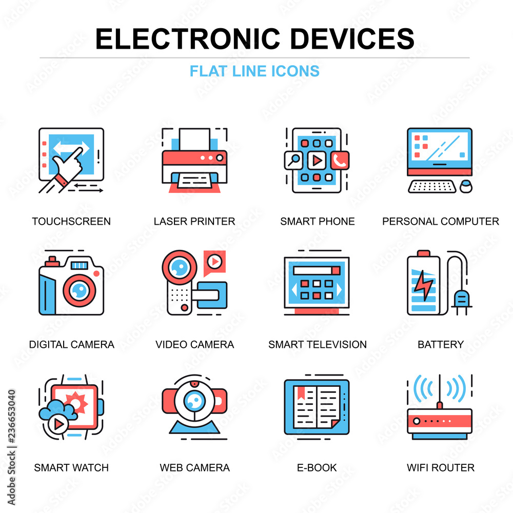 Flat line personal computer devices icons concepts set for website and mobile site and apps. Consumer electronics technology. Thin line color simple pictogram pack. Vector illustration. Flat line personal computer devices icons concepts set for website and mobile site and apps. Consumer electronics technology. Thin line color simple pictogram pack. Vector illustration.