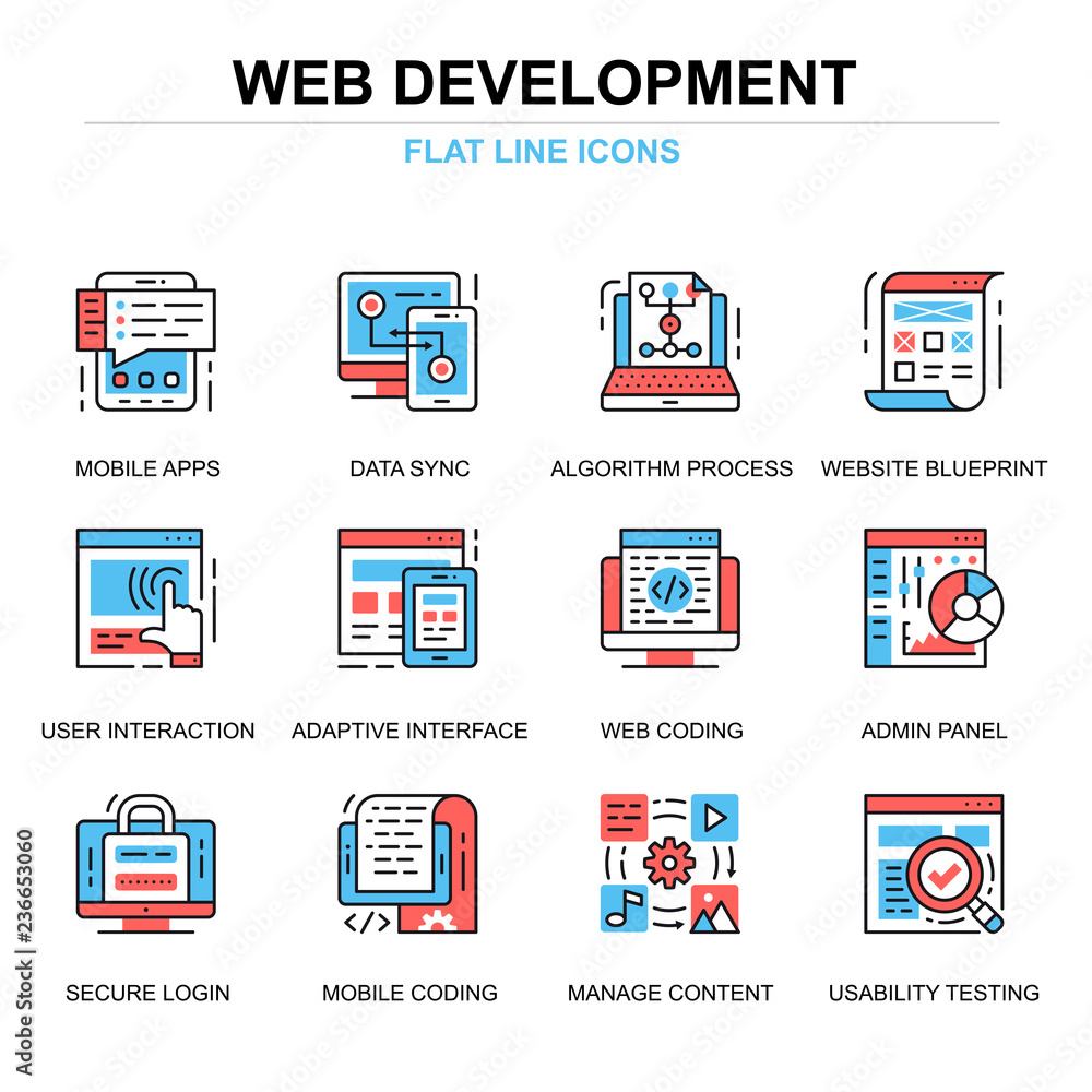 Flat line web development icons concepts set for website and mobile site and apps. Mobile apps coding, user interface testing. Thin line color simple pictogram pack. Vector illustration.