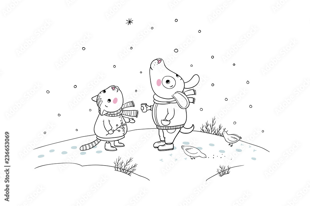 Obraz premium Winter postcard. Cute cartoon cat and dog. December day.