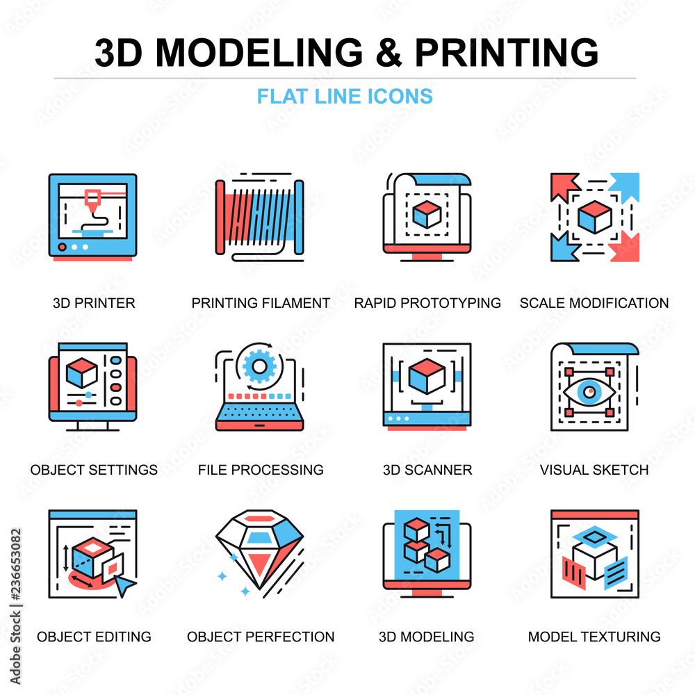 Flat line 3D printing and modeling icons concepts set for website and mobile site and apps. Volumetric object scanning, scaling technology. Thin line color simple pictogram pack. Vector illustration.