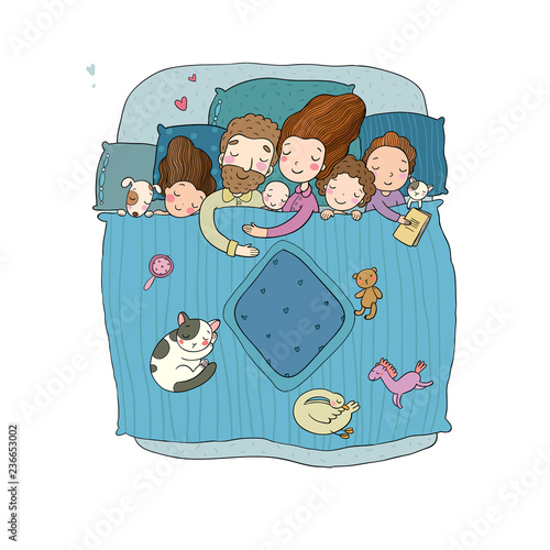 The family sleeps in bed. Cartoon mom, dad and babies.