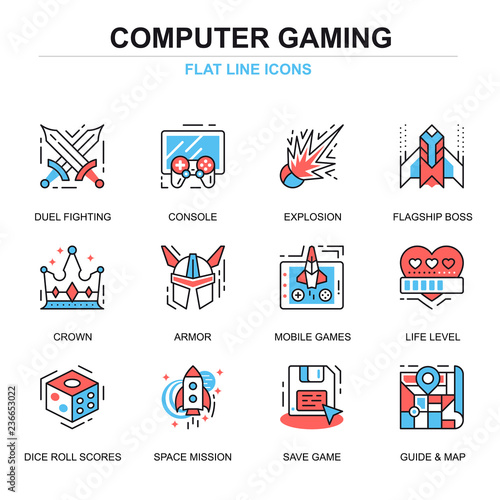 Flat line leisure mobile gaming icons concepts set for website and mobile site and apps. Computer game objects and elements. Thin line color simple pictogram pack. Vector illustration.
