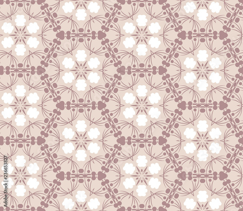 Seamless hexagonal pattern from circular abstract floral ornaments in pastel bisque color on light beige background. Vector illustration. Suitable for fabric, wallpaper and wrapping paper