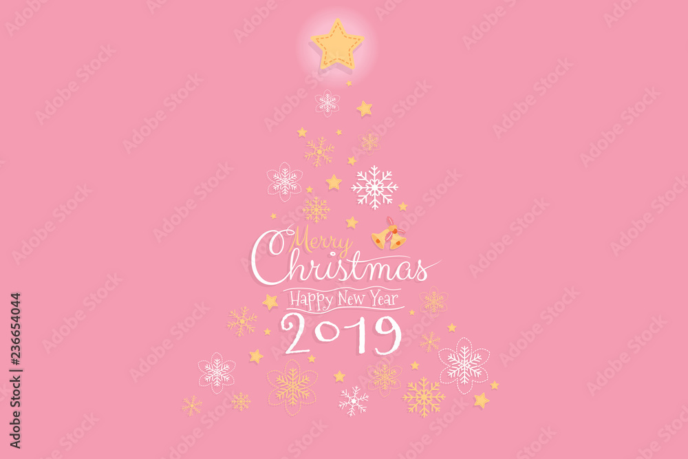 Merry Christmas and Happy Nea Year 2019 invitation card, banner design with Calligraphy hand script with pink background. Vector illustration. Merry Christmas and Happy Nea Year 2019 invitation card, banner design with Calligraphy hand script with pink background. Vector illustration.