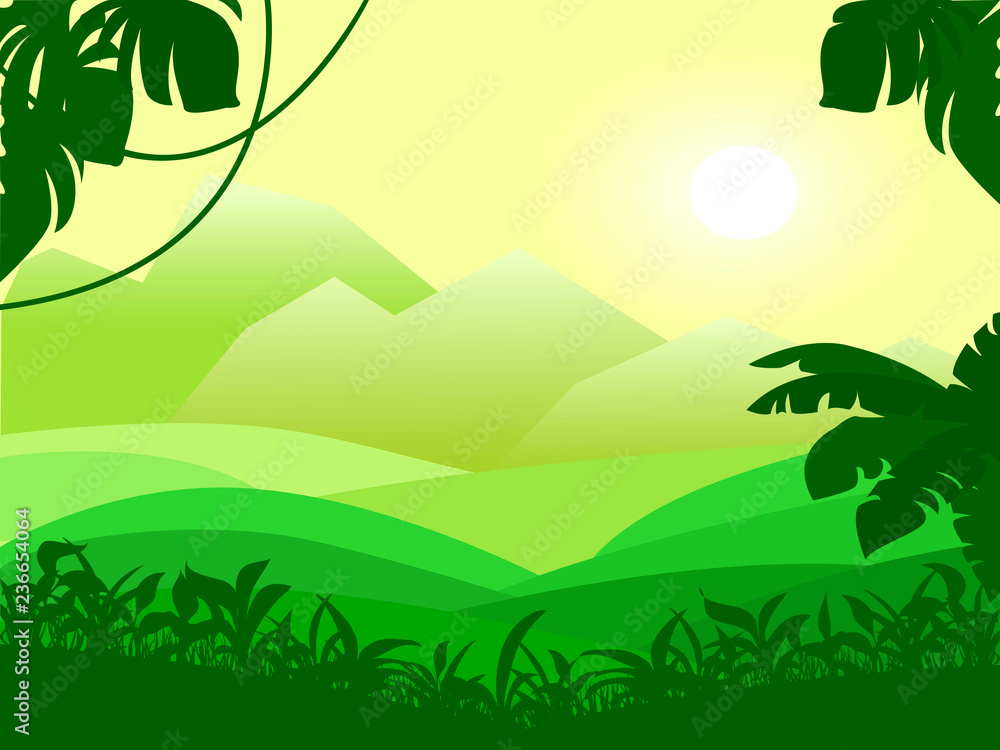 Obraz premium Landscape with Mountain and green field view. Vector illustration of sunrise in the tropical plants.