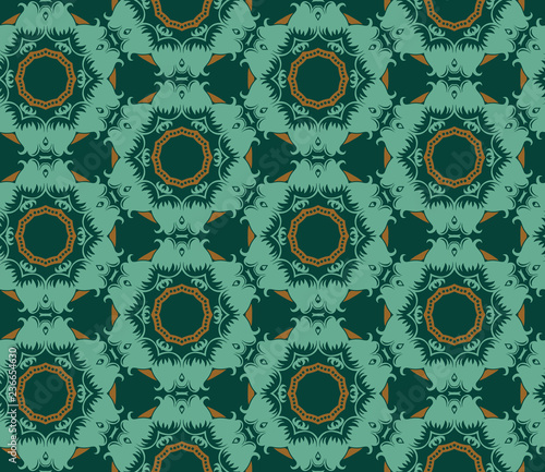 Seamless hexagonal pattern from circular abstract floral ornaments in aquamarine and sienna color on dark teal background. Vector illustration. Suitable for fabric, wallpaper and wrapping paper