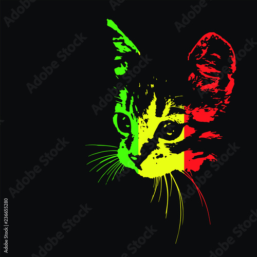 Silhouette of a cat on a black background. Rastafari. Vector illustration