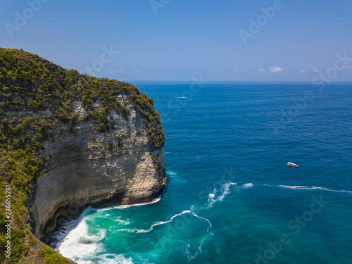 Aerial view of the ocean cliff and Kelingking beach located on the island of Nusa Penida, Indonesia