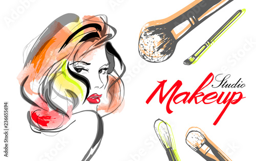 Vector hand drawn illustration with woman and makeup brushes. Concept for beauty salon, cosmetics label, cosmetology procedures, visage and makeup.