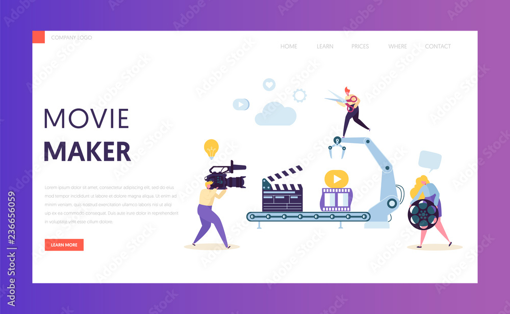 Naklejka Making Movie, Video Production landing page template. Characters Shooting Film, Motion Picture Camera for website or web page. Vector illustration
