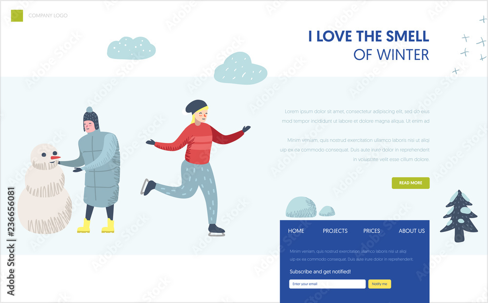 Winter Holidays Landing Page Template. Man character making snowman, woman ice skating for Website or Web Page. Easy edit. Vector illustration