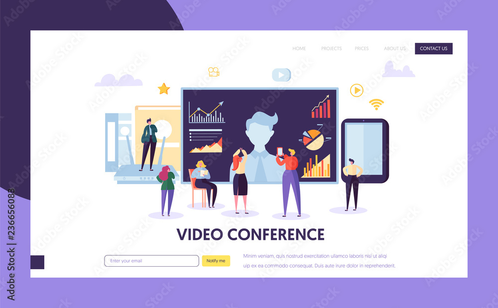 Video conference landing page template. Business People characters communication webinar, online education for website or web page. Vector illustration