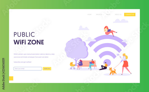 Wifi wireless network landing page template. Public wi-fi zone in park with characters using mobile devices for website or web page. Vector illustration