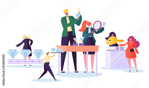 Jewelry industry concept. Jeweler seller with diamonds in store. Woman character buying luxury jewels in gemstone shop. Vector illustration