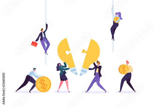 Creating idea, teamwork, business innovation concept. Business people characters team working collecting puzzle pieces of light bulb. Vector illustration