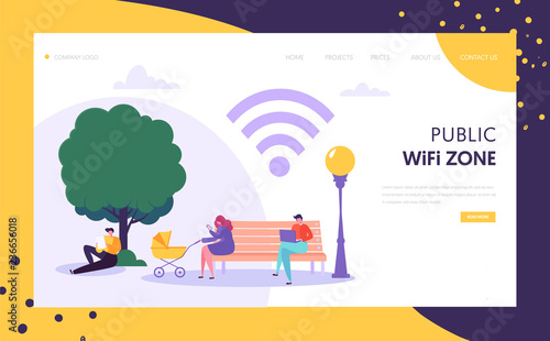 Wifi wireless network landing page template. Public wi-fi zone in park with characters using mobile devices for website or web page. Vector illustration