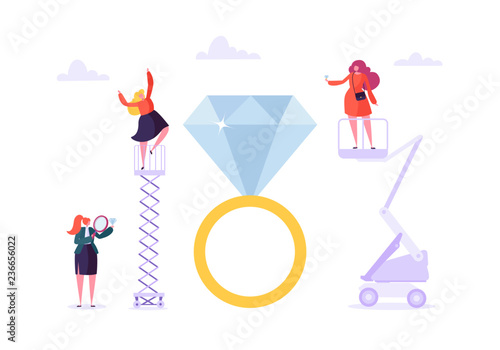 Jewelry industry concept. Jeweler seller with diamonds in store. Woman character buying luxury jewels in gemstone shop. Vector illustration