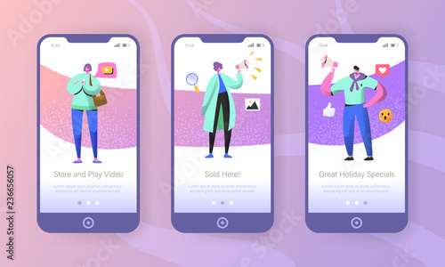 Social marketing onboarding mobile app screens. Man and woman characters promoting online in social network using smartphone and megaphone for website or web page. Vector illustration