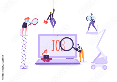 Job search candidate concept. Characters using laptop searching for job. Recruitment agency hiring technology, human resources. Vector illustration