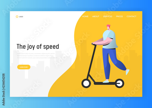 Active people landing page template. Happy man character riding electric scooter, healthy lifestyle concept for website or web page. Easy edit. Vector illustration