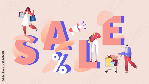 Big sale poster with customers and shopping bags. Man and woman characters on discount event for banner, ads, promotion flyer. Vector illustration