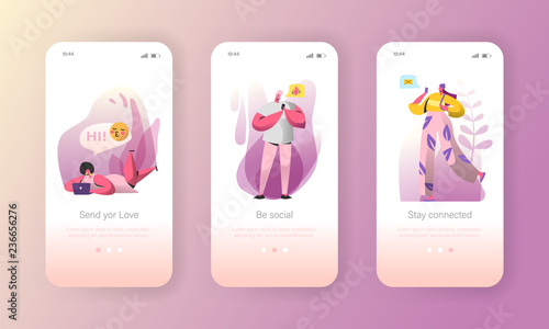 Social media onboarding mobile app screens. Young people characters chatting online in social network using smartphone and laptop for website or web page. Vector illustration