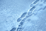 Frozen human footprints on thin ice. Winter lake